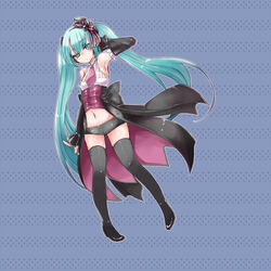  aqua_eyes aqua_hair arm_up armpit black_ribbon black_shorts blue_background breasts coattails detached_sleeves eyebrows_visible_through_hair half-closed_eyes hatsune_miku high_heels long_hair musical_note_hair_ornament navel polka_dot_background purple_ribbon purple_tie ribbon-trimmed_sleeves see-through short_shorts small_breasts stomach thigh_boots thigh_high_boots tie tiny_hat twintails very_long_hair vocaloid white_ribbon white_shirt 