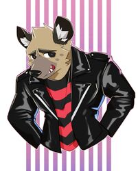  2018 aggretsuko anthro bozi clothed clothing digital_media_(artwork) fur haida_(aggretsuko) hi_res hyena jacket leather leather_clothing leather_jacket leather_topwear male mammal sanrio simple_background solo spotted_hyena topwear 