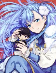  1boy armor berkut_(fire_emblem) black_hair blue_hair braid chibi commentary_request crown_braid female fire_emblem fire_emblem_echoes:_shadows_of_valentia flower fur_collar hair_flower hair_ornament hiyori_(rindou66) long_hair looking_at_viewer purple_eyes rinea_(fire_emblem) smile 