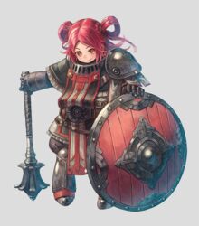  armor belt boots brown_eyes commentary_request dwarf female full_body gauntlets grey_background hair_rings kuroi_susumu mace multicolored_hair official_art parted_bangs planted red_hair shield shoulder_armor simple_background smile solo standing sword_world sword_world_2.5 tabard two-tone_hair weapon 