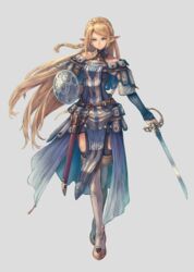  belt blue_eyes braid buckler commentary_request elf female full_body grey_background highres kuroi_susumu long_hair looking_at_viewer official_art pointy_ears pouch sheath shield solo standing sword_world sword_world_2.5 thighhighs very_long_hair 