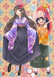  3girls :d ^_^ black_hair black_hakama blue_eyes blunt_bangs blush boots brown_footwear brown_hair cherry_blossom_print chibi clenched_hands closed_eyes commentary_request cross-laced_footwear fangs floral_background floral_print flower full_body gaaruru_(pripara) hair_flower hair_ornament hairband hakama hakama_skirt head_tilt headphones high_ponytail hug hug_from_behind japanese_clothes kimono kurosu_aroma long_hair looking_at_viewer multiple_girls new_year oerba_yun_fang okiru open_mouth outstretched_arms platform_footwear pleated_skirt pretty_series pripara purple_eyes red_hair sandals shiratama_mikan skirt skirt_hold sleeves_past_wrists smile standing twintails very_long_hair white_legwear 