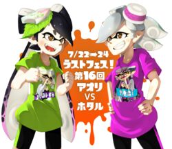  2girls absurdres bike_shorts brown_eyes callie_(splatoon) character_name commentary cowboy_shot dated datemegane fangs food food_on_head grin hands_on_own_hips highres inkling long_hair looking_at_another marie_(splatoon) mole mole_under_eye multiple_girls object_on_head open_mouth pointy_ears shirt short_hair single_vertical_stripe smile splatoon_(series) splatoon_1 standing t-shirt tentacle_hair translated unworn_earring 