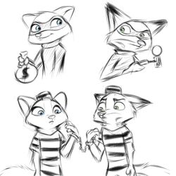  1:1 anthro blue_eyes bound canid canine caught chains clothing criminal cuff_(restraint) disney duo female fox gokhan16 green_eyes handcuffs lock lockpick male mammal mask metal_cuffs money_bag nick_wilde pattern_clothing prison_uniform red_fox restraints restricted_palette shackles simple_background skye_(zootopia) striped_clothing stripes true_fox zootopia 