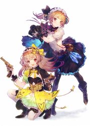  2girls :d atelier_(series) atelier_lydie_&amp;_suelle belt belt_pouch benitama black_pantyhose black_skirt blonde_hair blunt_bangs boots bow breasts brown_belt brown_footwear cleavage commentary_request crystal dress dual_wielding frilled_hairband frilled_skirt frills full_body gun hairband hairbow highres holding holding_gun holding_weapon long_hair looking_at_viewer lydie_marlen multiple_girls neck_ribbon on_one_knee open_mouth pantyhose pink_eyes pink_ribbon pouch puffy_short_sleeves puffy_sleeves red_eyes ribbon shirt short_sleeves siblings side_ponytail sideboob sideless_outfit sisters skirt small_breasts smile standing suelle_marlen twins weapon white_shirt yellow_bow yellow_dress yellow_ribbon 