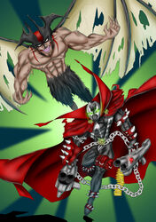  2boys cape chains claws commentary_request crossover demon demon_wings devilman devilman_(character) glowing glowing_eyes green_eyes gun head_wings highres holding holding_gun holding_weapon image_comics kyuhri_miyazato male_focus mask multiple_boys skull spawn_(comic) spawn_(spawn) spikes superhero_costume tail weapon wings 