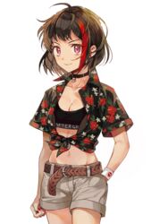  &gt;:) ahoge arm_at_side bang_dream! belt black_choker black_hair black_shirt breasts choker cleavage clenched_hand clothes_writing commentary cowboy_shot earrings female floral_print grey_shorts group_name hand_in_pocket hawaiian_shirt hibiscus_print inzup jewelry looking_at_viewer mitake_ran multicolored_hair nail_polish navel print_shirt red_eyes red_hair red_nails shirt short_hair short_sleeves shorts simple_background solo sports_bra streaked_hair sweatband symbol-only_commentary tied_shirt two-tone_hair v-shaped_eyebrows white_background 