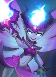  alternate_costume blue_eyes blue_skin bomb colored_skin explosive fairy fairy_wings female fire gem glowing glowing_eyes horns lailyu lipstick makeup midriff nail_polish navel paladins photoshop_(medium) pointy_ears solo staff teeth willo_(paladins) wings 