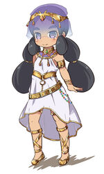  armlet black_hair blush bracelet brown_footwear closed_mouth colored_shadow commentary_request dress female full_body hapu_(pokemon) jewelry long_hair low_twintails nekono_rin pokemon pokemon_sm purple_eyes see-through shadow shoes sleeveless sleeveless_dress smile solo standing thick_eyebrows twintails veil very_long_hair white_background white_dress 