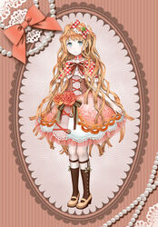  absurdres apple_pie arm_at_side bare_shoulders blonde_hair blue_eyes blush bow braid brown_bow brown_footwear brown_socks buttons collarbone commentary_request corset crown_braid daisan_oujo detached_collar doily female flower food food-themed_hair_ornament full_body gem hair_ornament high_heels highres ice_cream kneehighs lace long_hair looking_up mary_janes original pale_skin parted_lips pearl_(gemstone) personification pie powdered_sugar red_bow red_flower red_rose rose shoes skirt socks solo standing striped striped_background striped_bow vertical_stripes wavy_hair yellow_flower yellow_rose 