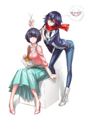  2girls alternate_hair_length alternate_hairstyle bad_id bad_pixiv_id bag black_hair blue_skirt casual denim high_heels infukun jacket jeans kill_la_kill kiryuuin_ragyou kiryuuin_satsuki knees_together_feet_apart leaning_forward letterman_jacket matoi_ryuuko multiple_girls pants scarf scissors shirt shoes short_hair sitting skirt sneakers spoilers 