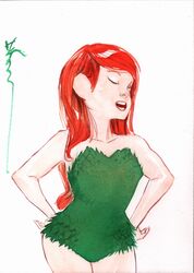  artist_signature batman_(series) dc_comics dustin_nguyen female hands_on_hips leotard plant poison_ivy red_hair simple_background solo wearing_plant 