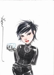  artist_signature batman_(series) black_hair bodysuit catwoman dc_comics diamond dustin_nguyen female selina_kyle short_hair simple_background solo 