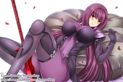  armor blush bodysuit breasts commentary covered_navel fate/grand_order fate_(series) female gae_bolg_(fate) large_breasts long_hair looking_at_viewer lying on_back parted_lips pauldrons petals polearm purple_bodysuit purple_hair red_eyes scathach_(fate) shoulder_armor solo spear the-sinner very_long_hair weapon 