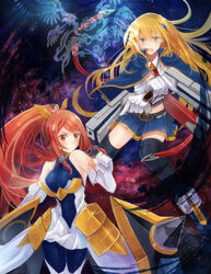  2girls aiming ankle_boots armor bad_id bad_pixiv_id bare_shoulders belt black_belt black_thighhighs blazblue blonde_hair blue_bodysuit blue_capelet blue_footwear blue_skirt blush bodysuit boots breastplate breasts capelet clenched_hand closed_mouth collared_shirt colored_eyelashes commentary_request covered_navel cowboy_shot crop_top dual_wielding elbow_gloves faulds fighting_stance floating_hair frown full_body gangsta_hold gloves gorget green_eyes gun hair_between_eyes hair_ornament hairpods halterneck hand_up handgun high_ponytail highres holding holding_gun holding_weapon holster impossible_bodysuit impossible_clothes izayoi_(blazblue) large_breasts legs_apart legs_together light_particles long_hair looking_at_viewer looking_away looking_to_the_side midriff miniskirt multiple_girls necktie noel_vermillion open_mouth outstretched_arms oversized_zipper parted_bangs pleated_skirt ponytail red_eyes red_hair red_necktie red_ribbon ribbon serino_itsuki serious shirt showgirl_skirt sidelocks skin_tight skirt spikes standing swept_bangs teeth thighhighs trigger_discipline turtleneck underbust uniform upper_teeth_only very_long_hair weapon white_gloves white_skirt zettai_ryouiki zipper zipper_pull_tab 