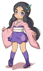  black_footwear black_hair blush closed_mouth colored_shadow commentary_request cosplay female full_body furisode_girl_(pokemon) furisode_girl_(pokemon)_(cosplay) furisode_girl_blossom furisode_girl_blossom_(cosplay) hair_ornament hapu_(pokemon) high-waist_skirt japanese_clothes kimono kneehighs long_hair long_sleeves low_twintails nekono_rin parted_bangs pink_kimono pokemon pokemon_sm purple_eyes purple_skirt purple_socks sandals shadow skirt sleeves_past_wrists smile socks solo standing thick_eyebrows twintails very_long_hair white_background wide_sleeves zouri 