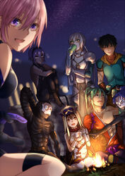  4boys 4girls :d ^_^ abs anger_vein arash_(fate) armor assassin_(fate/zero) bare_shoulders beads bedivere_(fate) blush breasts campfire closed_eyes commentary dark-skinned_female dark_skin drinking fate/grand_order fate_(series) female_assassin_(fate/zero) full_armor hairband hassan_of_serenity_(fate) hassan_of_the_cursed_arm_(fate) hat highres komedawara looking_at_another looking_at_viewer looking_away mash_kyrielight mask medium_breasts multiple_boys multiple_girls night night_sky open_mouth prayer_beads short_hair sideboob sitting sky smile star_(sky) starry_sky tawara_touta_(fate) vambraces xuangzang_sanzang_(fate) yuu+1 