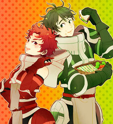  1boy armor bad_id bad_pixiv_id basket eating female fire_emblem fire_emblem_awakening food food_on_face gauntlets green_armor green_eyes green_hair guttary red_armor red_eyes red_hair sandwich short_hair smile stahl_(fire_emblem) sully_(fire_emblem) 