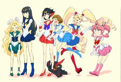  1boy 5girls absurdres alternate_hairstyle androgynous back_bow bare_legs bishoujo_senshi_sailor_moon bishoujo_senshi_sailor_moon_s black_hair blonde_hair blue_choker blue_footwear blue_sailor_collar boots bow brooch choker commentary_request cone_hair_bun cosmic_heart_compact cosplay crossdressing crying elbow_gloves eyepatch gloves hair_bun hair_ornament harime_nui heart heart_brooch high_heels highres hugging_own_legs iori_shirou jakuzure_nonon jewelry kill_la_kill kiryuuin_satsuki living_clothes long_hair magical_girl mankanshoku_mako matoi_ryuuko multicolored_hair multiple_girls oriba otoko_no_ko pink_choker pink_footwear pink_hair pink_sailor_collar red_bow red_choker red_hair red_sailor_collar sailor_chibi_moon sailor_chibi_moon_(cosplay) sailor_collar sailor_mars sailor_mars_(cosplay) sailor_mercury sailor_mercury_(cosplay) sailor_moon sailor_moon_(cosplay) sailor_neptune sailor_neptune_(cosplay) sailor_senshi_uniform sailor_uranus sailor_uranus_(cosplay) senketsu short_hair skirt stephanie_sheh strappy_heels tiara twintails two-tone_hair voice_actor_connection white_gloves yellow_bow 