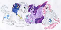  absurd_res alicorn blue_body blue_eyes blue_fur cutie_mark dawn22eagle double_diamond_(mlp) earth_pony equid equine family fan_character feathered_wings feathers female feral friendship_is_magic fur group hair hasbro hi_res hooves horn horse jewelry lying male mammal my_little_pony mythological_creature mythological_equine mythology necklace pegasus pink_hair pony purple_body purple_eyes purple_feathers purple_hair simple_background sitting smile traditional_media_(artwork) unicorn white_background white_body white_fur wings yellow_eyes young 