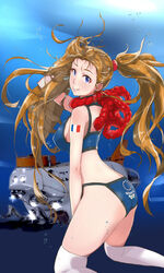  2020_summer_olympics ass bikini blue_eyes breasts brown_hair bubbles female french_flag highres long_hair looking_at_viewer maabou namco numan_athletics olympics sharon_(numan_athletics) sharon_les_halles sideboob smile submarine swimsuit tattoo thighhighs twintails very_long_hair water 