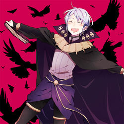  1boy :d ^_^ animal arms_up bad_id bad_pixiv_id bird black_legwear blush book bridal_gauntlets cape closed_eyes crow dutch_angle eyes_of_grima fire_emblem fire_emblem_awakening flock guttary happy henry_(fire_emblem) high_collar holding long_sleeves male_focus mystical_high_collar open_mouth outstretched_arms red_background simple_background smile striped swept_bangs teeth vertical_stripes white_hair wizard 