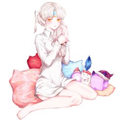  blush bottomless braid chilling_hedgehog_(elsword) code:_empress_(elsword) cube dan_(astsr1) elsword eve_(elsword) facial_mark female forehead_jewel pajamas pillow stuffed_animal stuffed_toy tying_hair 