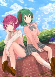  2girls absurdres alternate_costume animal_ears ass blowing_bubbles blue_flower blue_sky bubble cardigan cloud commentary_request contemporary day dutch_angle earrings flower green_eyes green_hair highres honi_(honix3) jewelry kasodani_kyouko kneehighs long_sleeves looking_at_viewer looking_away multiple_girls mystia_lorelei no_socks outdoors panties pantyshot petunia_(flower) plaid plaid_skirt purple_eyes purple_flower purple_hair school_uniform shirt shoes short_hair single_earring sitting skirt sky smile socks sweater_vest touhou underwear white_legwear white_panties 