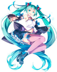  absurdly_long_hair aqua_eyes aqua_hair bad_id bad_pixiv_id commentary_request detached_sleeves female full_body hair_ribbon hatsune_miku high_heels highres long_hair looking_at_viewer matsuuni navel necktie open_mouth ribbon skirt solo thighhighs twintails very_long_hair vocaloid white_background 