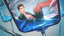  1boy ahoge android blood blue_blood brown_eyes brown_hair commentary_request connor_(detroit) detroit:_become_human expressionless feet_up hair_slicked_back hand_on_own_chest intravenous_drip liquid looking_at_viewer male_focus open_clothes open_shirt pt. solo 