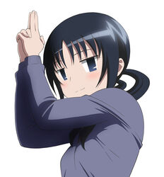  black_hair blue_eyes blush cardigan commentary_request female kanchou looking_at_viewer low_twintails photoshop_(medium) school_uniform seitokai_yakuindomo smile solo tora_tsugumi twintails uomi_chihiro upper_body white_background 