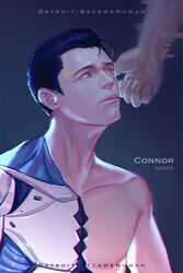  1boy ahoge android black_hair blue_hair brown_eyes brown_hair character_name commentary_request connor_(detroit) copyright_name detroit:_become_human expressionless hair_slicked_back hand_on_another&#039;s_head male_focus mechanical_parts out_of_frame pt. solo_focus 