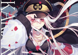  aiguillette albino breasts character_name choker cleavage commentary_request cross female girls&#039;_frontline hat highres iron_cross jacket jacket_on_shoulders kar98k_(girls&#039;_frontline) long_hair looking_at_viewer mamusya medium_breasts peaked_cap petals red_eyes smile solo upper_body white_hair 