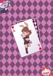  ace_(playing_card) ace_of_hearts alice_in_wonderland animal_ears boots brown_hair bunny_mint bunny_mint_(cosplay) card cheshire_cat_(alice_in_wonderland) cheshire_cat_(alice_in_wonderland)_(cosplay) choker closed_eyes commentary_request cosplay feline female ghost half-closed_eyes haramaki hat heart high_ponytail jibanyan kemonomimi_mode kodama_fumika long_hair looking_at_viewer mad_hatter_(alice_in_wonderland) mad_hatter_(alice_in_wonderland)_(cosplay) midriff mochi-iri_kinchaku navel notched_ear open_mouth parted_lips playing_card purple_lips rabbit_ears rabbit_tail red_eyes sharp_teeth shorts tail teeth top_hat twitter_username whisper_(youkai_watch) youkai_(youkai_watch) youkai_watch 