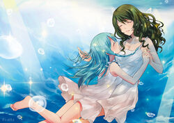  2girls age_difference bad_id bad_pixiv_id barefoot blue_hair braid breasts cleavage closed_eyes collarbone commentary_request curly_hair dominura_(simoun) dress drill_hair green_hair holding_hands interlocked_fingers kiryuu_aoko limone_(simoun) long_hair medium_breasts multiple_girls onee-loli side_braid signature simoun soles tears toes underwear water_drop white_dress yuri 