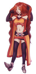  bad_deviantart_id bad_id belt breasts cape cassie_(paladins) closed_eyes crop_top elbow_gloves ellevia female gloves highres long_hair medium_breasts midriff navel orange_hair paladins skirt thighhighs very_long_hair white_background 