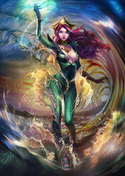  aquaman_(series) blue_eyes bodysuit breasts center_opening commentary_request crown curly_hair dc_comics elyoncat female full_body gloves glowing glowing_eyes green_bodysuit hydrokinesis jewelry long_hair looking_at_viewer medium_breasts mera_(dc) necklace photoshop_(medium) red_hair sandals scales sky solo splashing walking walking_on_liquid water 