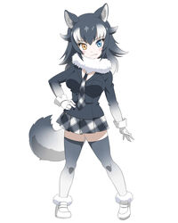  absurdres animal_ears between_breasts black_hair blue_eyes blush breasts commentary_request female full_body fur_collar gloves grey_wolf_(kemono_friends) hand_on_own_hip heterochromia highres kemono_friends large_breasts legs_apart long_hair long_sleeves looking_at_viewer multicolored_hair necktie necktie_between_breasts oerba_yun_fang pitecube simple_background skirt solo standing tail two-tone_hair white_background wolf_ears wolf_tail yellow_eyes 