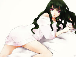  bad_id bad_pixiv_id bed_sheet collarbone commentary_request dominura_(simoun) dress female fingernails green_hair kiryuu_aoko long_hair looking_at_viewer lying off-shoulder_sweater off_shoulder on_side parted_lips purple_eyes simoun solo sweater sweater_dress 