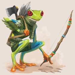  1:1 amphibian anthro armor arrow_(weapon) axe bottomwear bow_(weapon) clothed clothing dungeons_and_dragons female frog fully_clothed grippli hasbro holding_object holding_weapon melee_weapon official_art pants pathfinder quiver_(object) ranged_weapon red-eyed_treefrog red_eyes scarf simple_background solo tracking tree_frog unknown_artist weapon wizards_of_the_coast zooif 