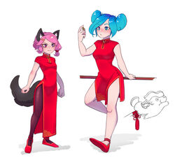  &gt;:) 2girls :o animal_ears bad_deviantart_id bad_id blue_eyes blue_hair blush cat_ears china_dress chinese_clothes clenched_hand coin double_bun dress ellevia evie_(paladins) flats full_body hair_bun hair_ornament maeve_(paladins) multiple_girls paladins pantyhose pink_eyes pink_hair stick tail v-shaped_eyebrows white_background 