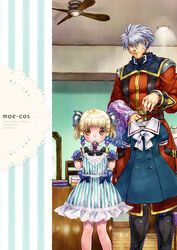  1boy black_footwear blonde_hair blue_bow blue_dress blue_eyes blue_gloves blush boots bow ceiling_fan ceiling_light closed_mouth clothes_hanger clothes_in_front coat commentary_request cover cover_page doujin_cover dress female folded_clothes frilled_dress frills gloves grey_hair hair_ornament holding indoors irui_guneden lolicon long_hair long_sleeves looking_at_viewer mirror nakamura_kanko red_coat sailor_dress sanger_zonvolt shop short_sleeves sleeveless sleeveless_dress smile standing striped_clothes striped_dress super_robot_wars twintails vertical-striped_clothes vertical-striped_dress white_bow yellow_eyes 