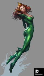  aquaman_(series) ass back bodysuit breasts cleavage commentary copyright_name crown curly_hair dc_comics earrings english_commentary female green_bodysuit green_eyes grey_background highres jewelry large_breasts long_hair mera_(dc) photoshop_(medium) realistic red_hair scales simple_background solo stanley_lau 