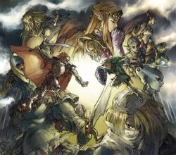  2boys 6+girls antique_(artist) battle beard blonde_hair blue_eyes cape closed_eyes commentary_request darunia duel facial_hair ganondorf gerudo gloves green_hair hat holding holding_sword holding_weapon horns hylian_shield impa left-handed link long_hair monster monster_girl multiple_boys multiple_girls nabooru navi pointy_ears ponytail princess_ruto princess_zelda rauru_(ocarina_of_time) red_eyes red_hair saria_(zelda) sheik shield single_horn sword the_legend_of_zelda the_legend_of_zelda:_ocarina_of_time tiara weapon 