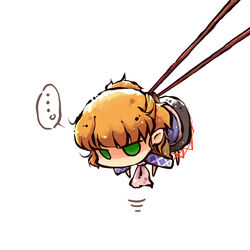  ... brown_hair chibi chopsticks commentary_request dangling female green_eyes jitome mini_person minigirl mizuhashi_parsee okome_(kome_kuma) pointy_ears simple_background solo touhou 