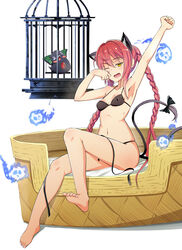  animal_ears arm_up armpits barefoot bikini birdcage black_bikini black_ribbon blush bow braid cage cat_ears cat_tail commentary_request female highres inko kaenbyou_rin liking multiple_tails nekomata one_eye_closed open_mouth parody photoshop_(medium) red_hair reiuji_utsuho reiuji_utsuho_(bird) ribbon sitting solo swimsuit tail tail_bow tail_ornament tongue toradora! touhou twin_braids twintails waking_up yawning yellow_eyes 