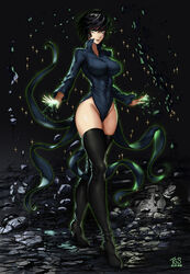  black_background black_dress black_hair black_thighhighs boots breasts commentary cosplay dress female fubuki_(one-punch_man) green_eyes highres hip_focus large_breasts looking_at_viewer no_panties one-punch_man photoshop_(medium) short_hair simple_background smile solo tatsumaki tatsumaki_(cosplay) taut_clothes taut_dress the_golden_smurf thighhighs thighs 