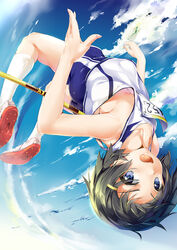  :d ass bare_arms bare_shoulders blue_eyes blue_shorts blue_sky breasts cloud commentary_request day female from_below green_hair hair_ornament hairclip high_jump highres jumping kneehighs no_bra oerba_yun_fang open_mouth original shirt shoe_soles shoes short_hair shorts shuffle_(songdatiankong) sideboob sky small_breasts smile socks solo sportswear teeth track_and_field upside-down white_footwear white_shirt white_socks 