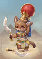  2016 afnet_(clothing) ankh anthro black_eyes brown_body brown_fur chibi clothed clothing cobra crown daww decorative_scarab deity desert digital_media_(artwork) digital_painting_(artwork) dress egyptian egyptian_clothing egyptian_headdress egyptian_mythology emerald_(gem) felid female fur gem girdle gold_(metal) headdress headgear headwear inner_ear_fluff jewelry kalasiris khopesh lapis_(gem) lion looking_at_viewer mammal melee_weapon middle_eastern_mythology mythology necklace outside pantherine pink_nose pyramid radiant_crown red_eyes reptile ruby_(gem) sand scalie sekhmet shendyt sickle_sword silverfox5213 sky smile snake solo sword tuft uraeus usekh weapon white_body white_fur wind young young_anthro 