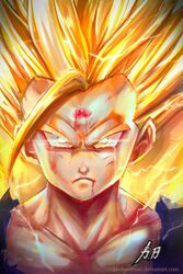  1boy absurdres aura blonde_hair blood blue_eyes bruise collarbone commentary_request cuts dragon_ball dragon_ball_z electricity forehead frown highres hitokiri_battousai injury lolicon male_focus muscular portrait solo son_gohan super_saiyan super_saiyan_2 watermark web_address yellow_background 